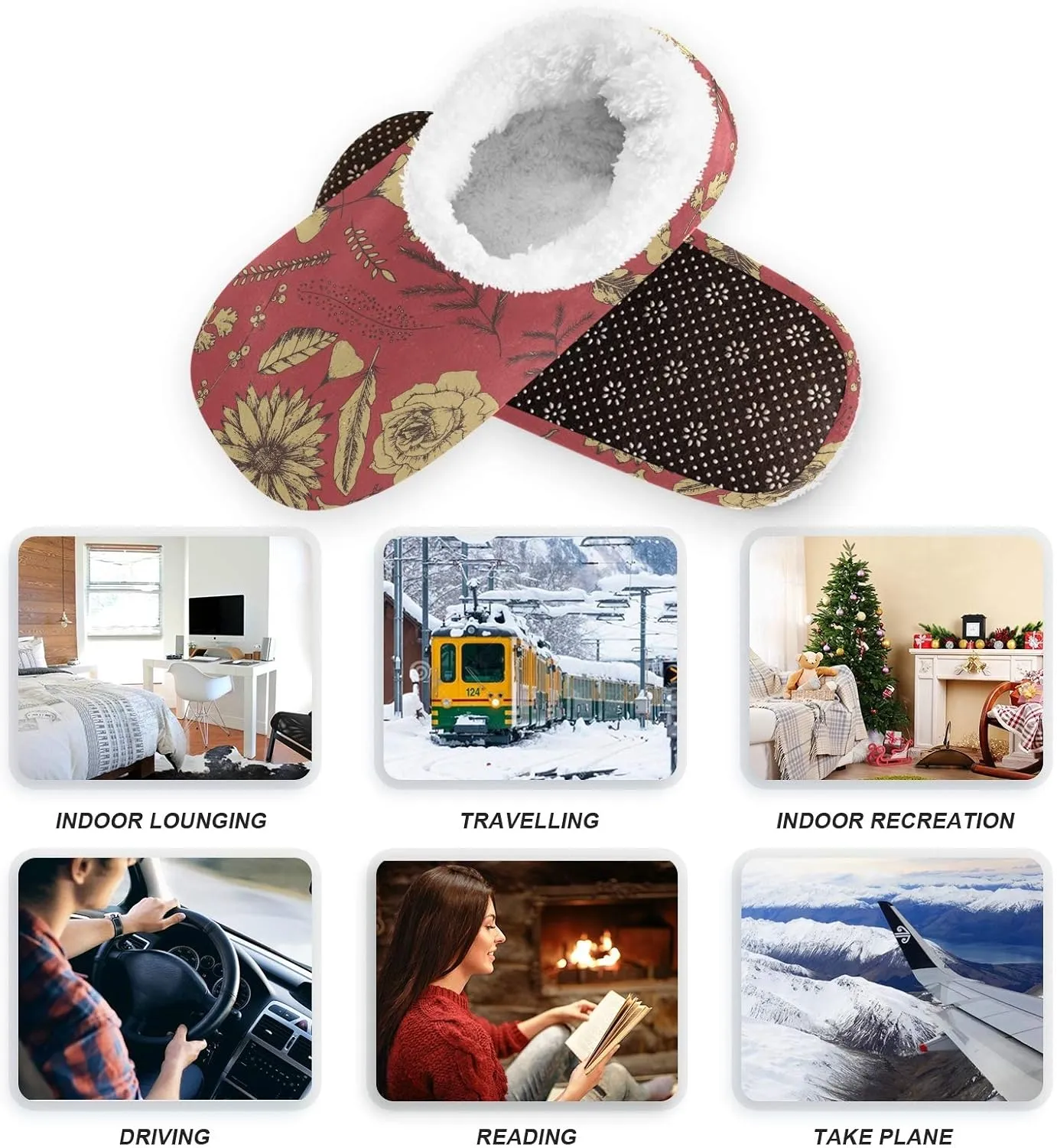 Winter House Slippers for Women/Men with Ancient Fabric Element Cozy Fleece Slippers
