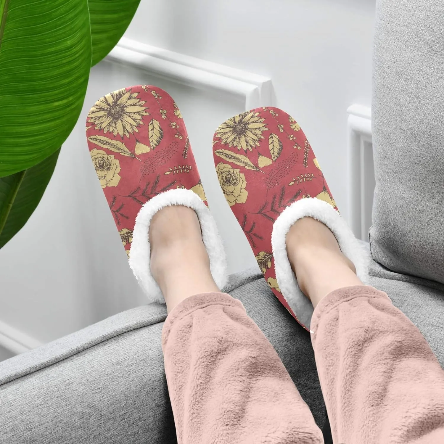 Winter House Slippers for Women/Men with Ancient Fabric Element Cozy Fleece Slippers