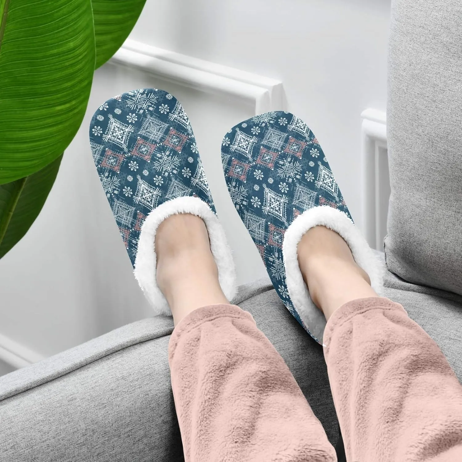 Winter House Slippers for Women/Men with Little Elephant Element Cozy Fleece Slippers