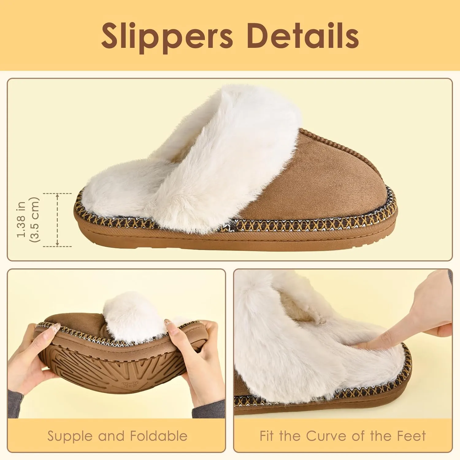 Winter Plush House Slippers for Women, Anti-Skid Cozy Warm with Faux Fur Collar Hard Sole Suede Shoes