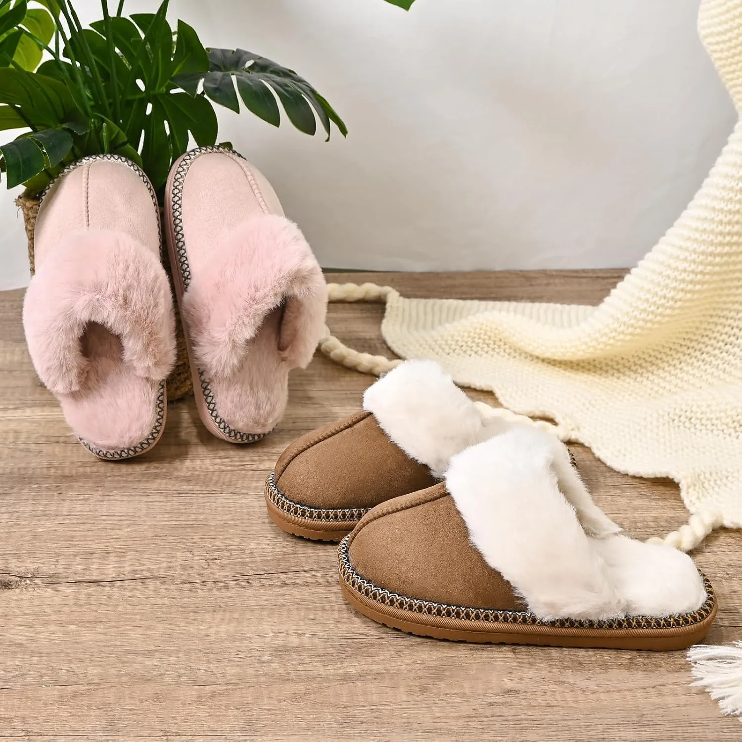 Winter Plush House Slippers for Women, Anti-Skid Cozy Warm with Faux Fur Collar Hard Sole Suede Shoes