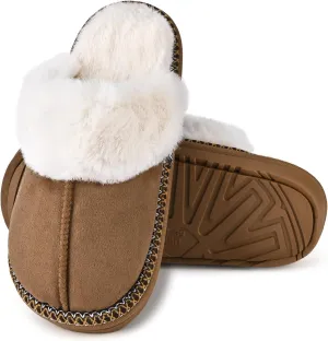 Winter Plush House Slippers for Women, Anti-Skid Cozy Warm with Faux Fur Collar Hard Sole Suede Shoes