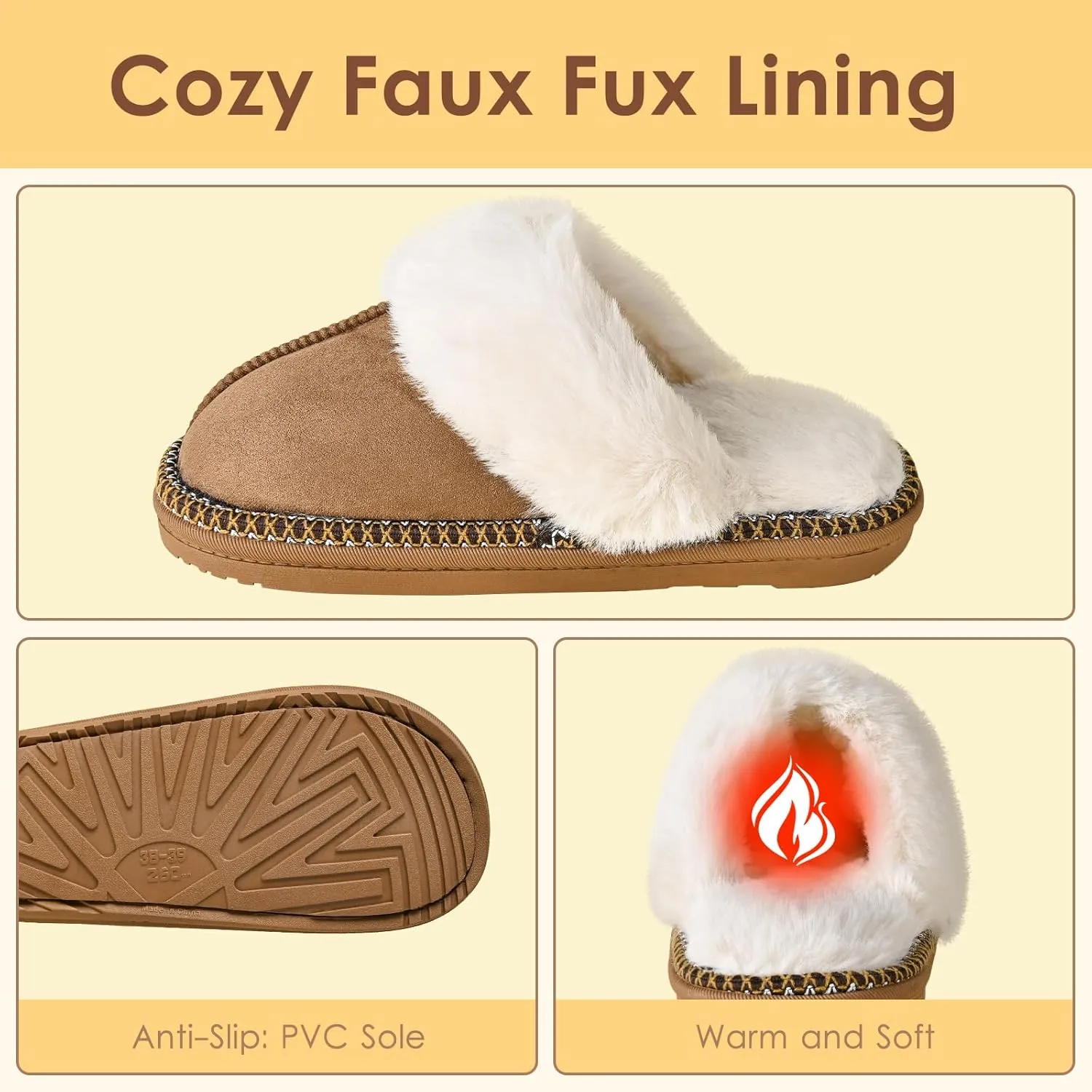 Winter Plush House Slippers for Women, Anti-Skid Cozy Warm with Faux Fur Collar Hard Sole Suede Shoes