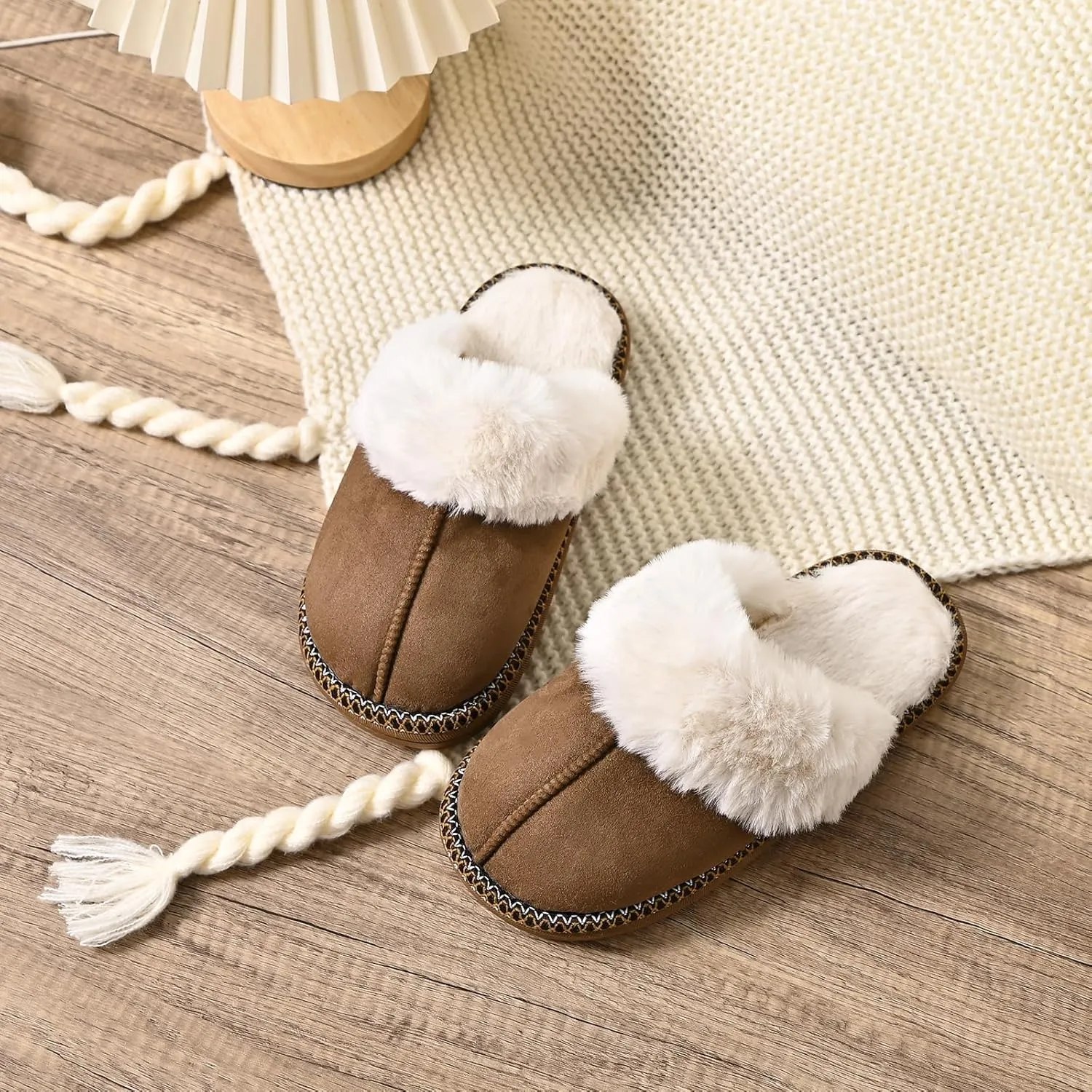 Winter Plush House Slippers for Women, Anti-Skid Cozy Warm with Faux Fur Collar Hard Sole Suede Shoes