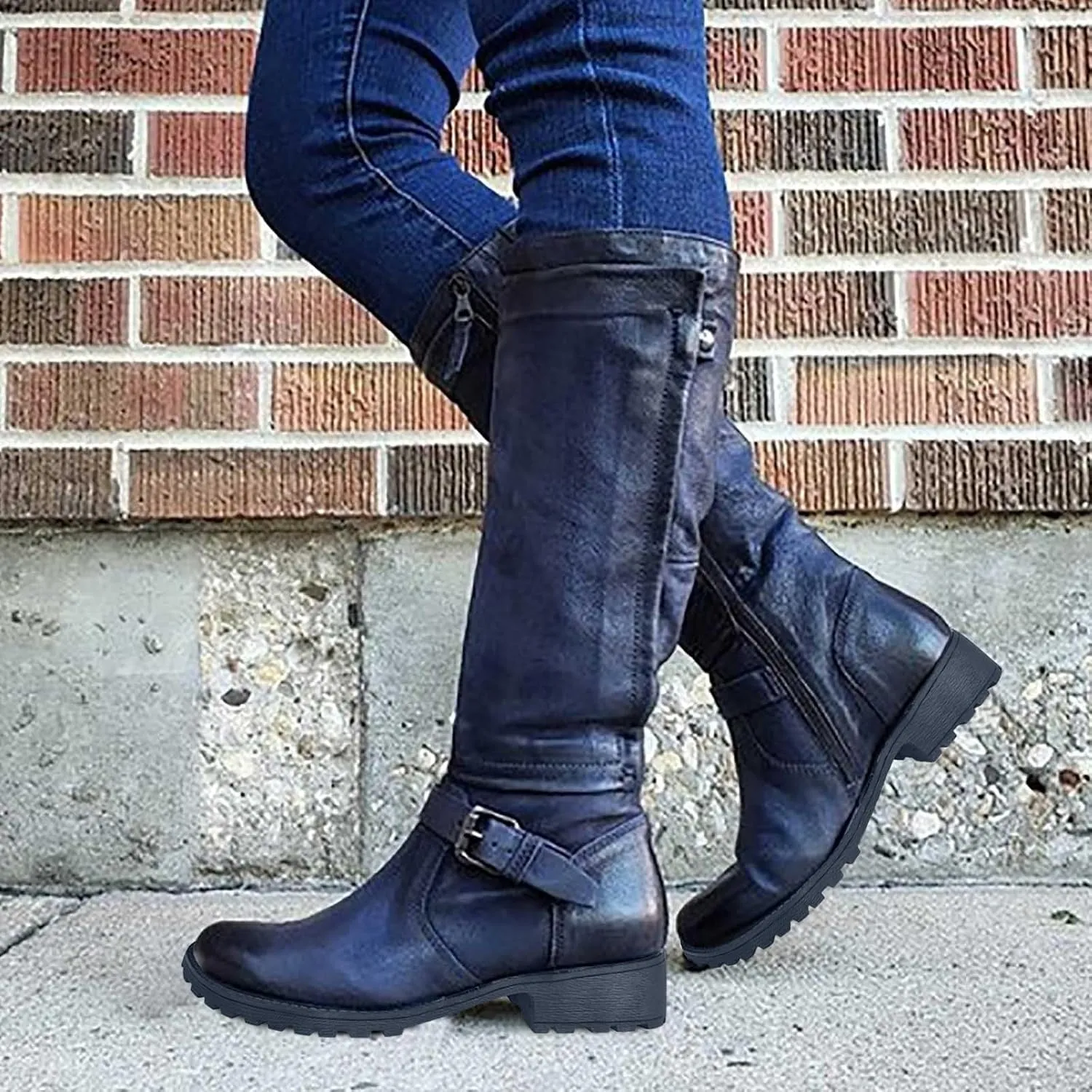 Women Low Heel Knee High Boots Fall Winter Warm Long Boot Lug Sole Non-Slip Riding Booties Shoes Comfy Walking Boots