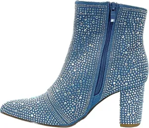Women Rhinestone Block Chunky Heel Ankle Bootie