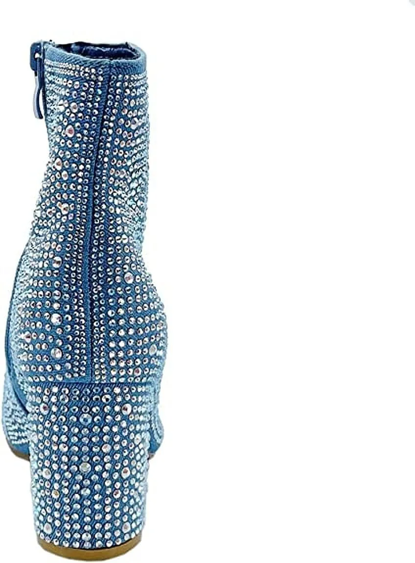 Women Rhinestone Block Chunky Heel Ankle Bootie