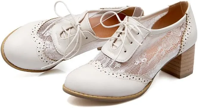 Women Stylish Lace Brogue Oxford Shoes Round Toe Block Heels