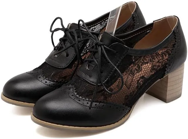 Women Stylish Lace Brogue Oxford Shoes Round Toe Block Heels