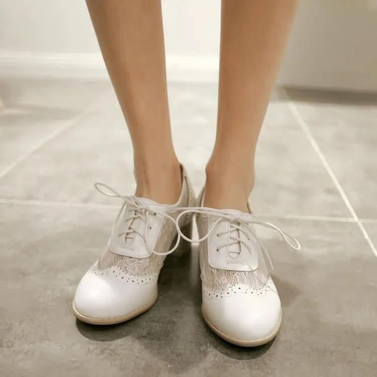 Women Stylish Lace Brogue Oxford Shoes Round Toe Block Heels