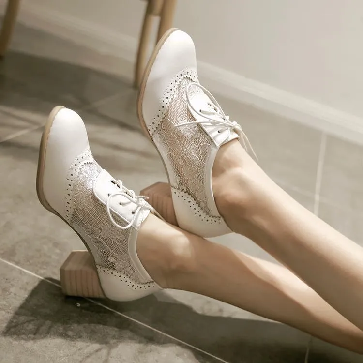 Women Stylish Lace Brogue Oxford Shoes Round Toe Block Heels