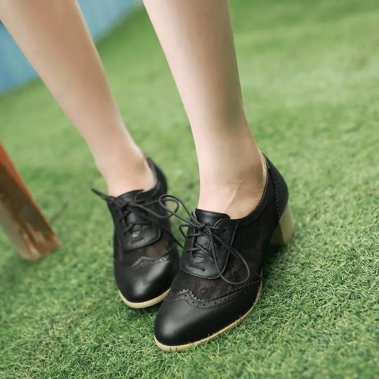 Women Stylish Lace Brogue Oxford Shoes Round Toe Block Heels