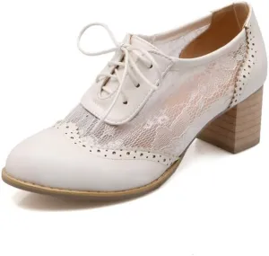 Women Stylish Lace Brogue Oxford Shoes Round Toe Block Heels