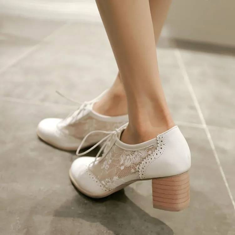 Women Stylish Lace Brogue Oxford Shoes Round Toe Block Heels
