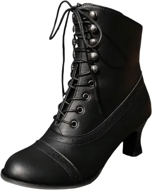Womens Ankle Boots Wide Calf,Mid Heel Victorian Boots Vintage Lace Up Dance Booties Cosplay Witch Shoes for Women