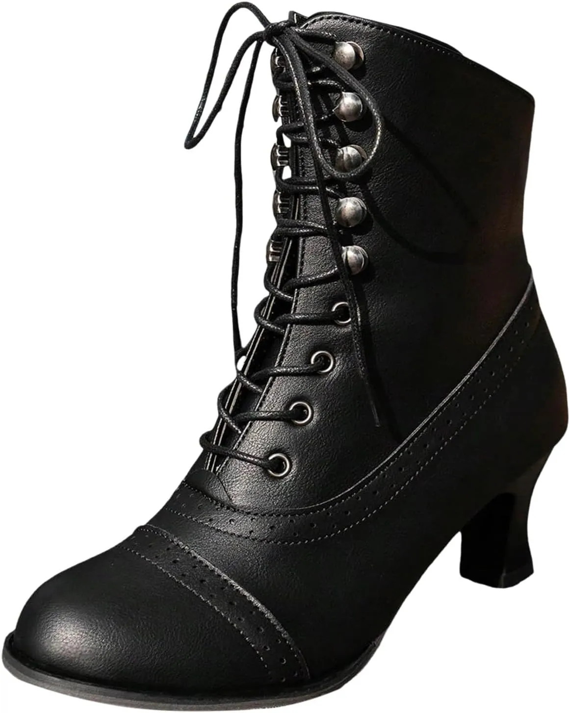 Womens Ankle Boots Wide Calf,Mid Heel Victorian Boots Vintage Lace Up Dance Booties Cosplay Witch Shoes for Women