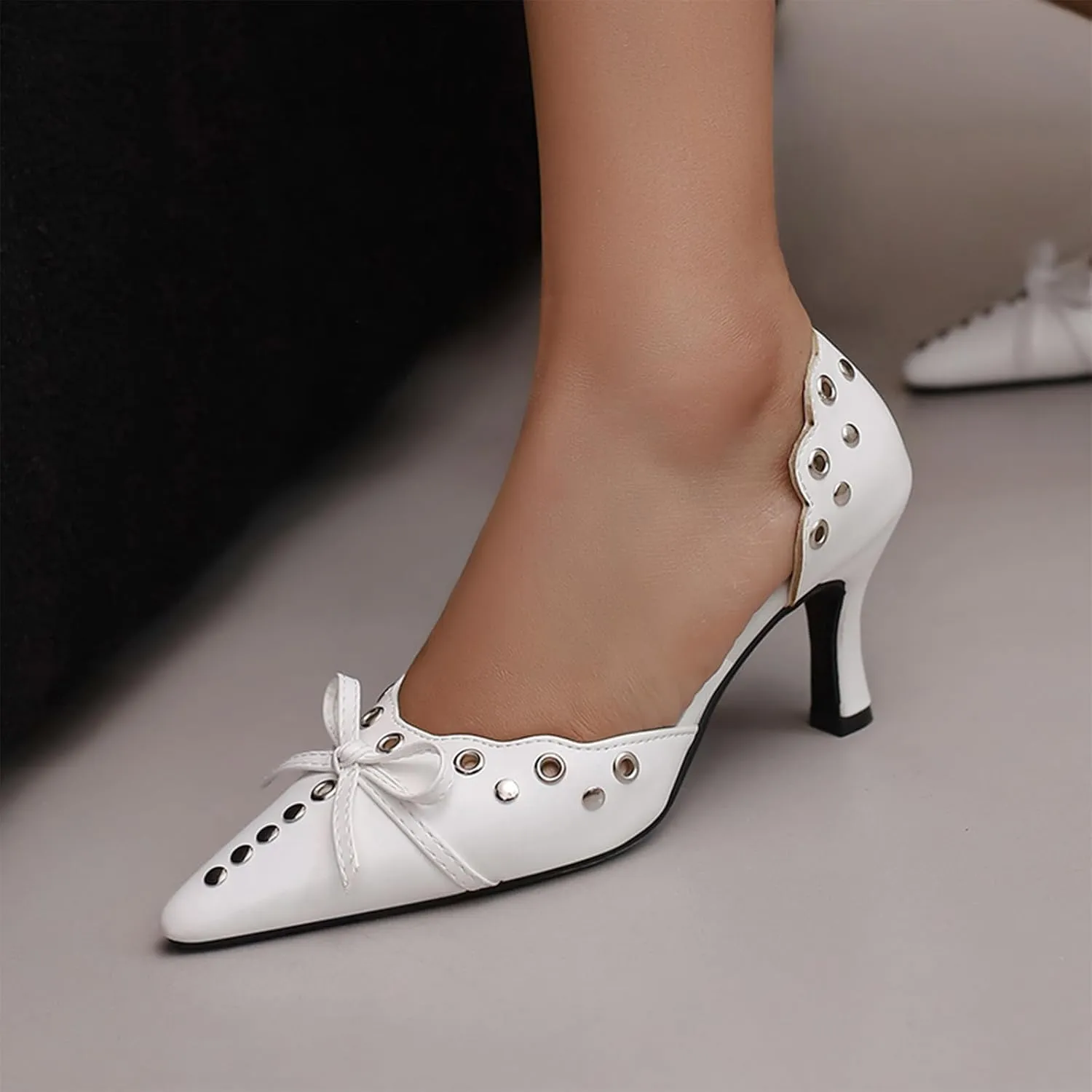 Women's Black Heels, Elegant Bow Pointed-Toe Heels, Sexy Vintage Studded Kitten Heels, Dress Party Wedding Work Backless Mule Pumps
