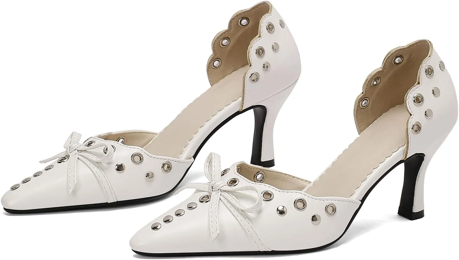 Women's Black Heels, Elegant Bow Pointed-Toe Heels, Sexy Vintage Studded Kitten Heels, Dress Party Wedding Work Backless Mule Pumps