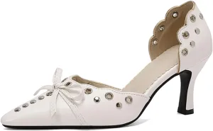 Women's Black Heels, Elegant Bow Pointed-Toe Heels, Sexy Vintage Studded Kitten Heels, Dress Party Wedding Work Backless Mule Pumps