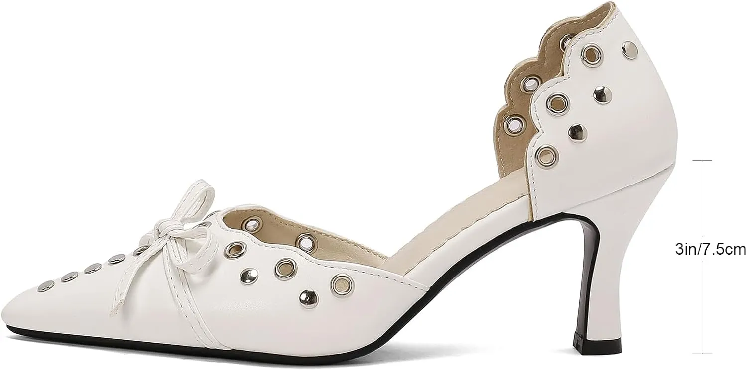 Women's Black Heels, Elegant Bow Pointed-Toe Heels, Sexy Vintage Studded Kitten Heels, Dress Party Wedding Work Backless Mule Pumps