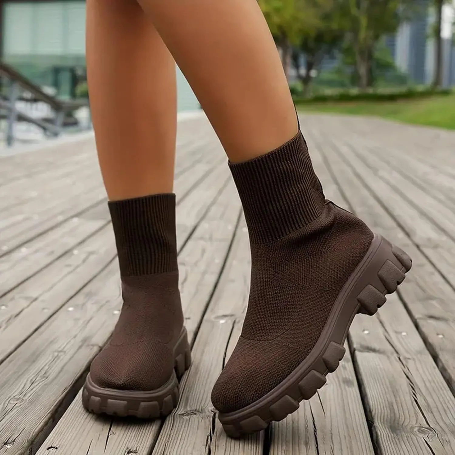 Womens Booties Low Heel Knit Boots Platform Ankle Boots Women's Boots Elastic Platform Ankle Booties Chunky Heel Boots