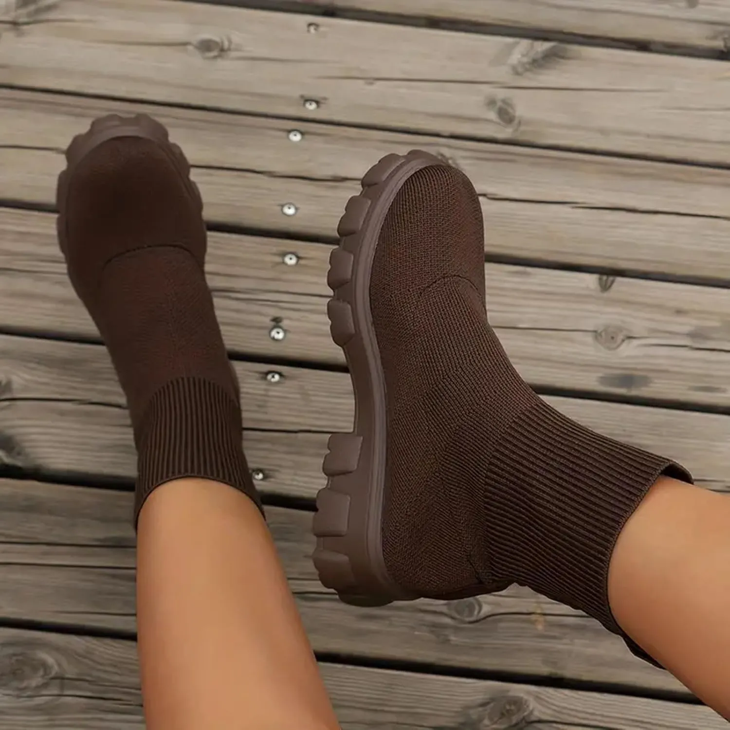 Womens Booties Low Heel Knit Boots Platform Ankle Boots Women's Boots Elastic Platform Ankle Booties Chunky Heel Boots