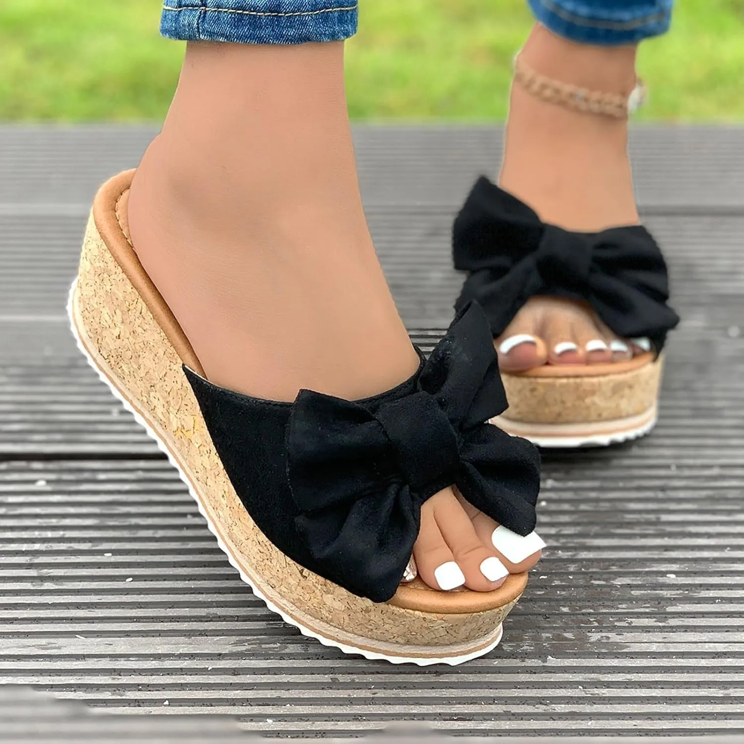 Women's Bow Knot Flat Sandals Dressy Walking Orthopedic Slippers Casual Lightweight Summer Slippers Open Toe Slip On Slides Single Band Wedges Fashion Beach Shoes