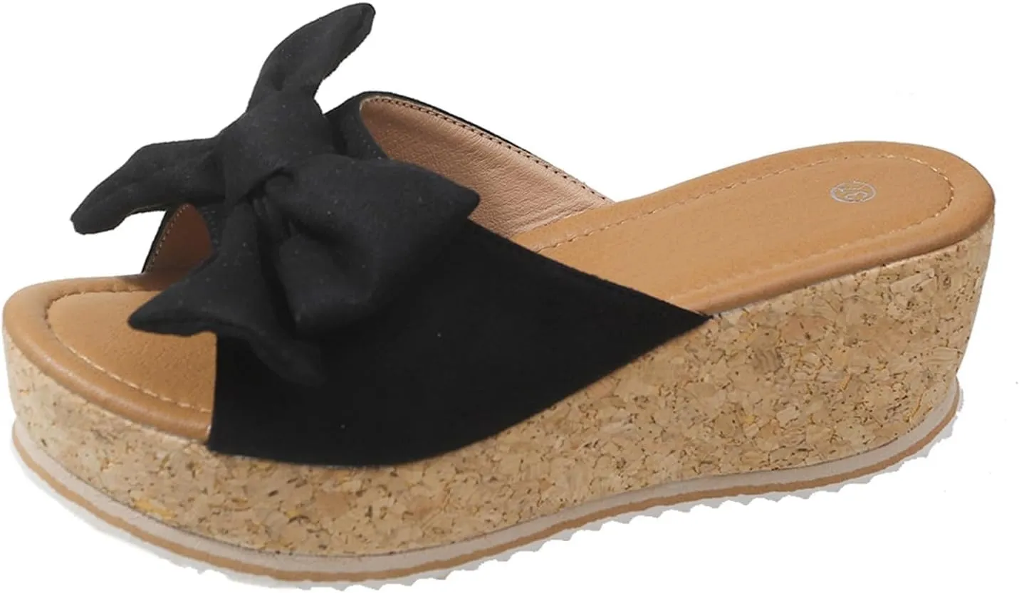 Women's Bow Knot Flat Sandals Dressy Walking Orthopedic Slippers Casual Lightweight Summer Slippers Open Toe Slip On Slides Single Band Wedges Fashion Beach Shoes