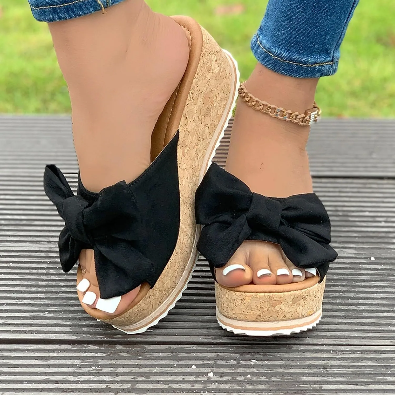Women's Bow Knot Flat Sandals Dressy Walking Orthopedic Slippers Casual Lightweight Summer Slippers Open Toe Slip On Slides Single Band Wedges Fashion Beach Shoes