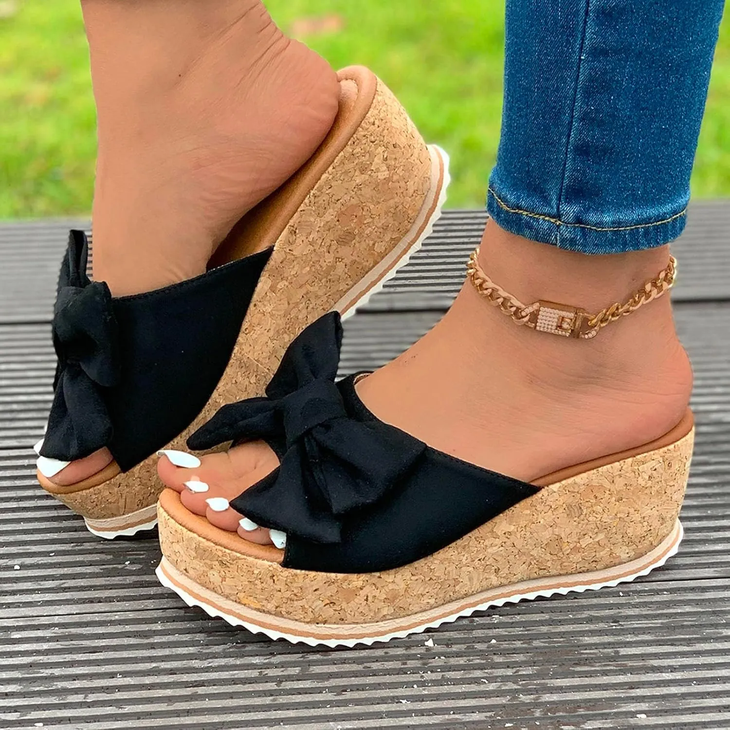Women's Bow Knot Flat Sandals Dressy Walking Orthopedic Slippers Casual Lightweight Summer Slippers Open Toe Slip On Slides Single Band Wedges Fashion Beach Shoes
