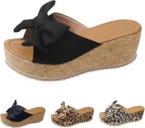 Women's Bow Knot Flat Sandals Dressy Walking Orthopedic Slippers Casual Lightweight Summer Slippers Open Toe Slip On Slides Single Band Wedges Fashion Beach Shoes