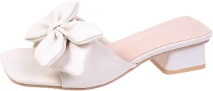 Women's Fashion Bowknot Chunky Heel Mule Sandals Square Open Toe Slip On Mid Block Heels Slide Sandals Sexy Wedding Bridal Party Dress Shoes