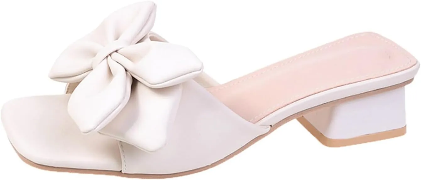 Women's Fashion Bowknot Chunky Heel Mule Sandals Square Open Toe Slip On Mid Block Heels Slide Sandals Sexy Wedding Bridal Party Dress Shoes