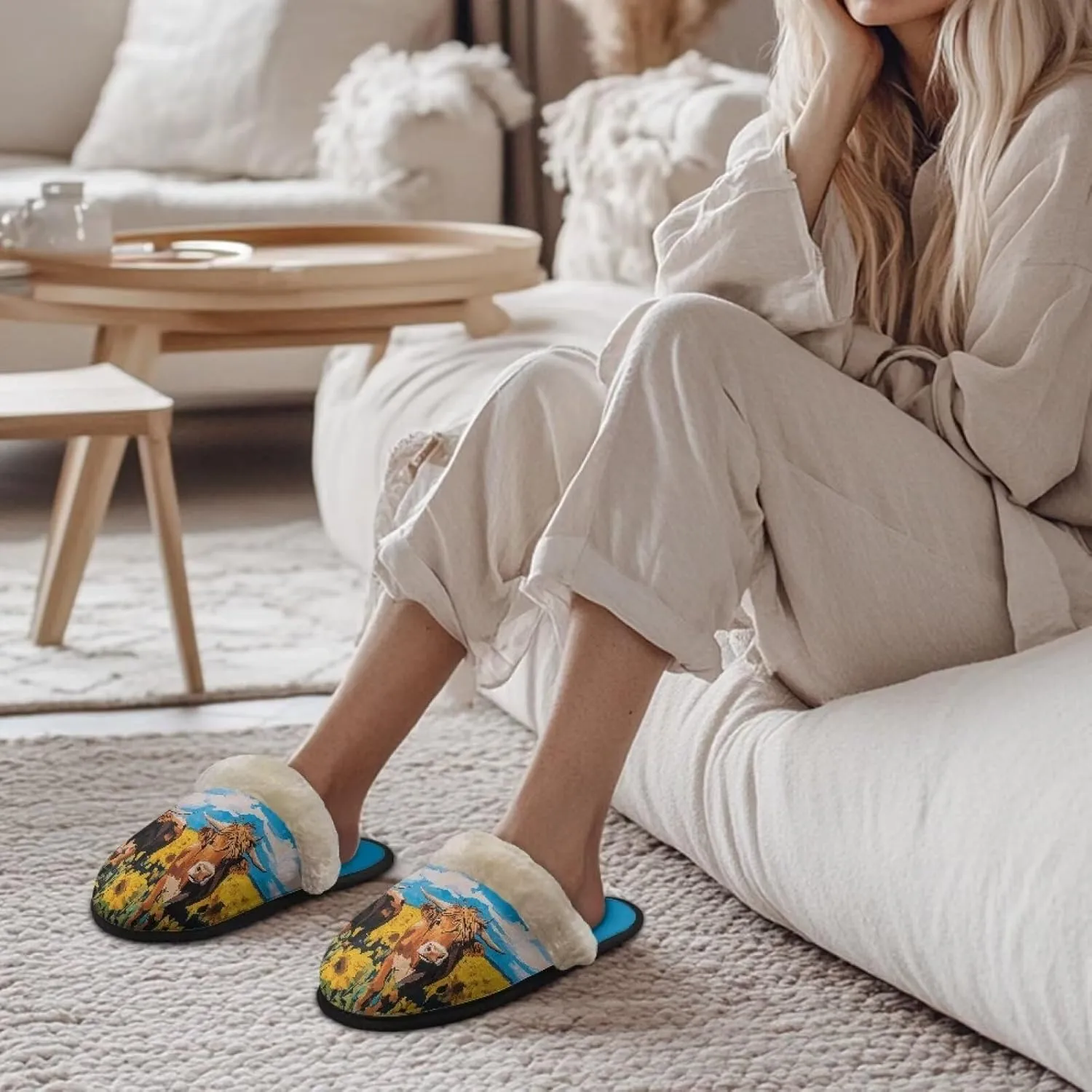 Women's Fluffy Plush Slippers Oil Painting Style House Slippers Winter Warm Fuzzy Shoes Lightweight Soft Cotton Shoes