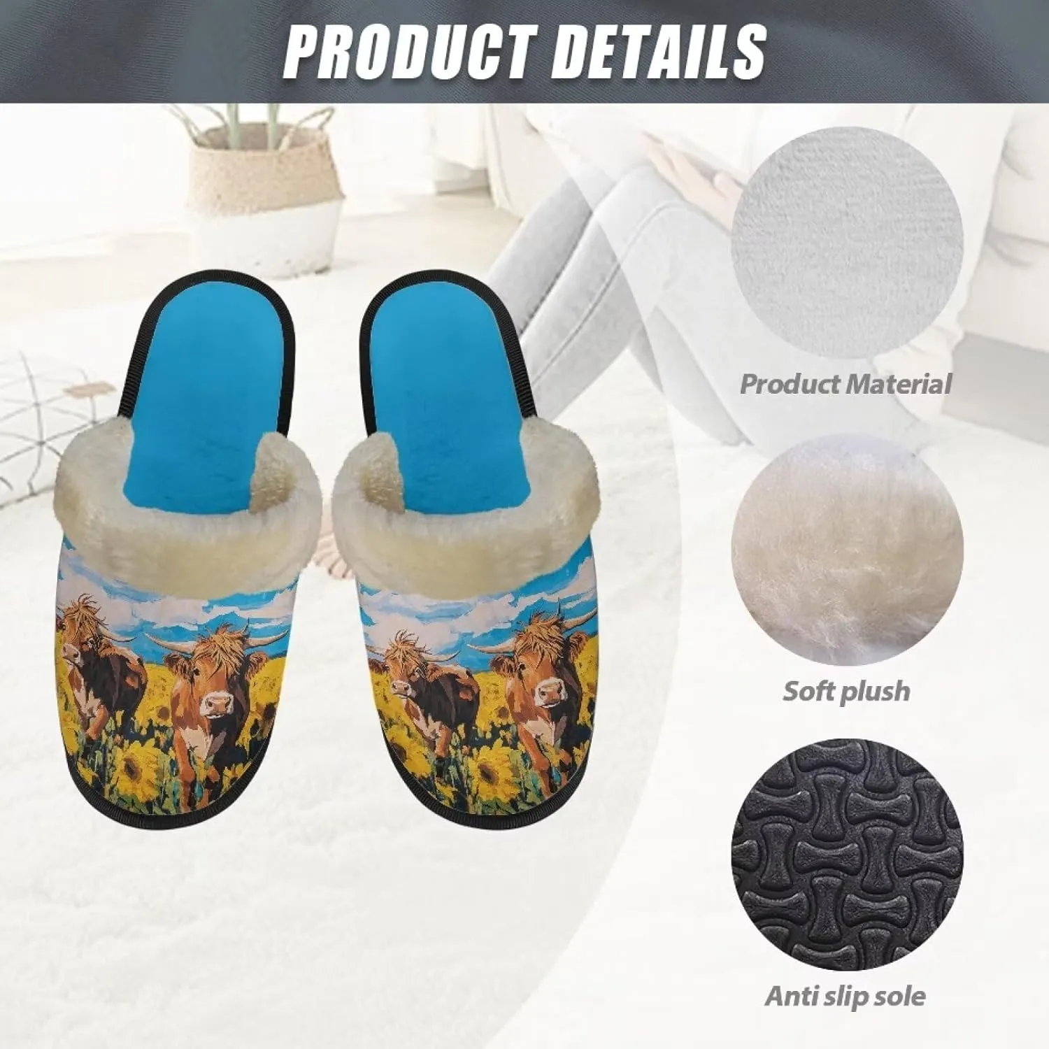 Women's Fluffy Plush Slippers Oil Painting Style House Slippers Winter Warm Fuzzy Shoes Lightweight Soft Cotton Shoes