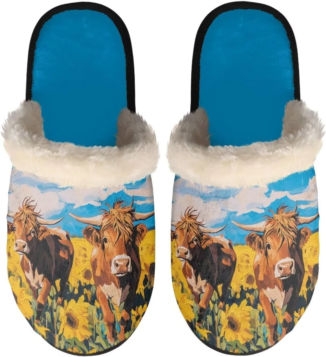 Women's Fluffy Plush Slippers Oil Painting Style House Slippers Winter Warm Fuzzy Shoes Lightweight Soft Cotton Shoes