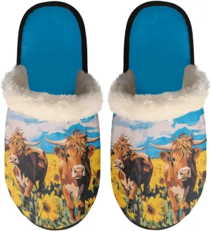 Women's Fluffy Plush Slippers Oil Painting Style House Slippers Winter Warm Fuzzy Shoes Lightweight Soft Cotton Shoes