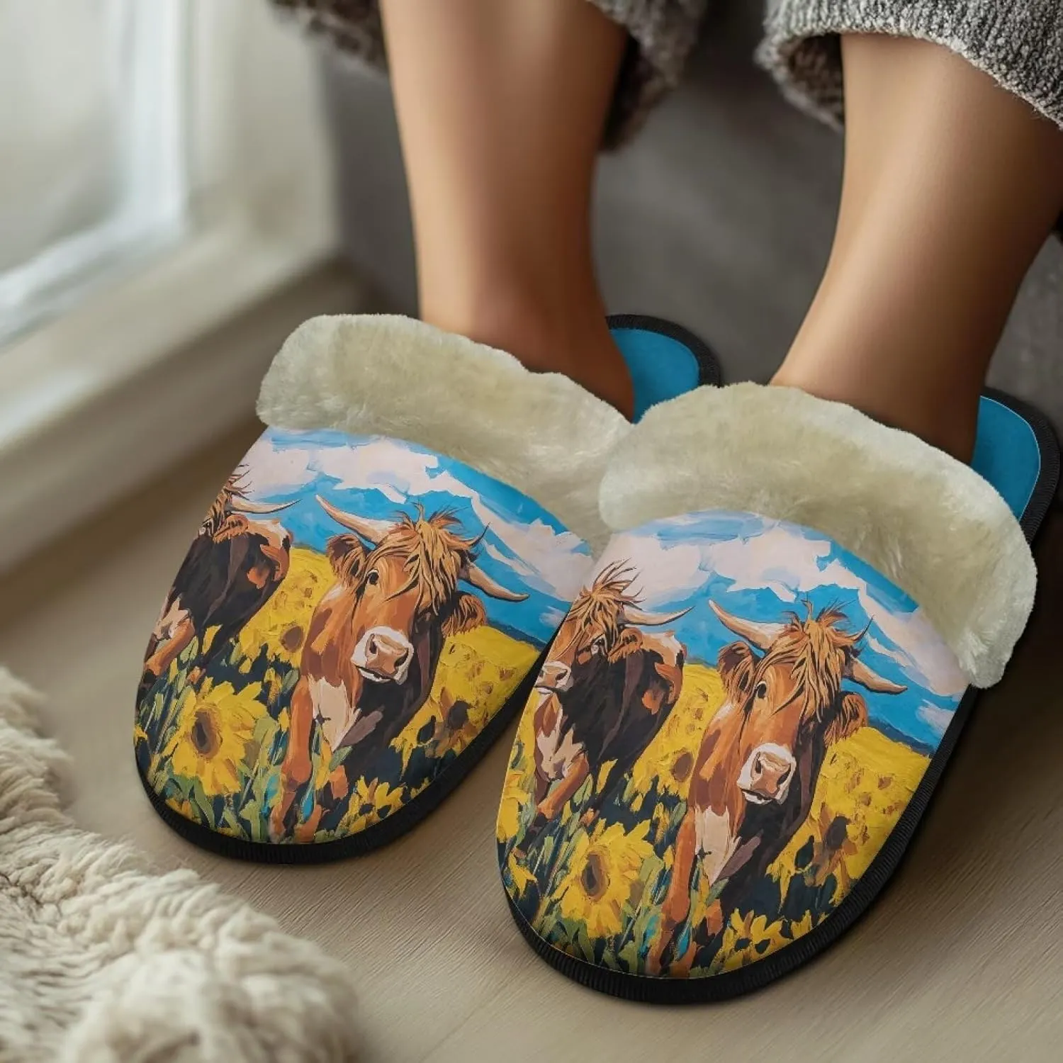Women's Fluffy Plush Slippers Oil Painting Style House Slippers Winter Warm Fuzzy Shoes Lightweight Soft Cotton Shoes