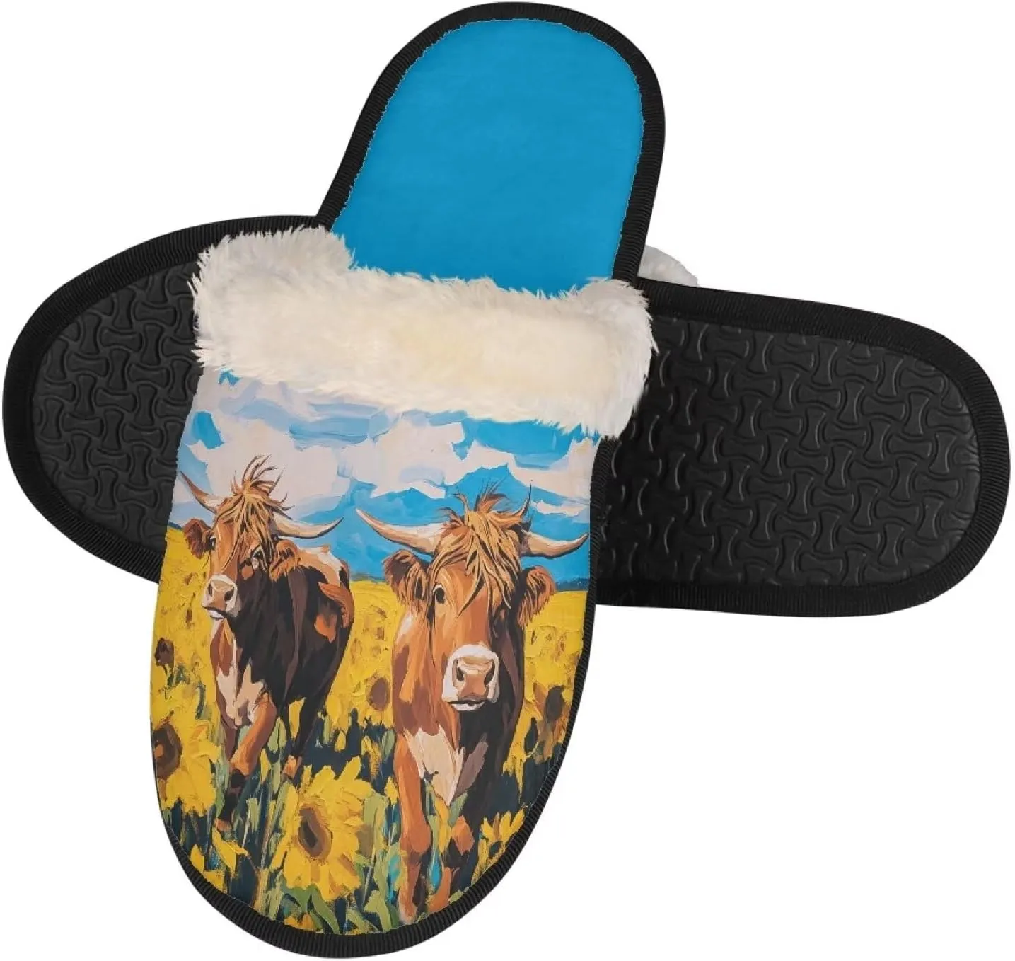 Women's Fluffy Plush Slippers Oil Painting Style House Slippers Winter Warm Fuzzy Shoes Lightweight Soft Cotton Shoes