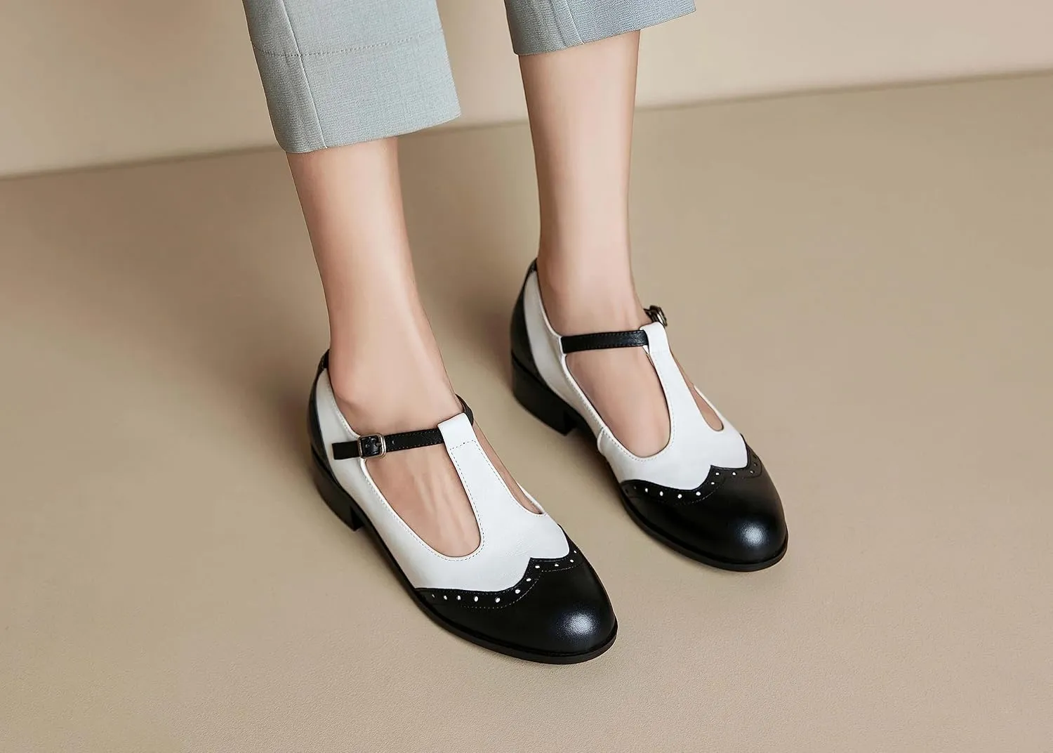 Women's Genuine Leather Mary Jane Saddle Oxford Loafers Brogue Shoes