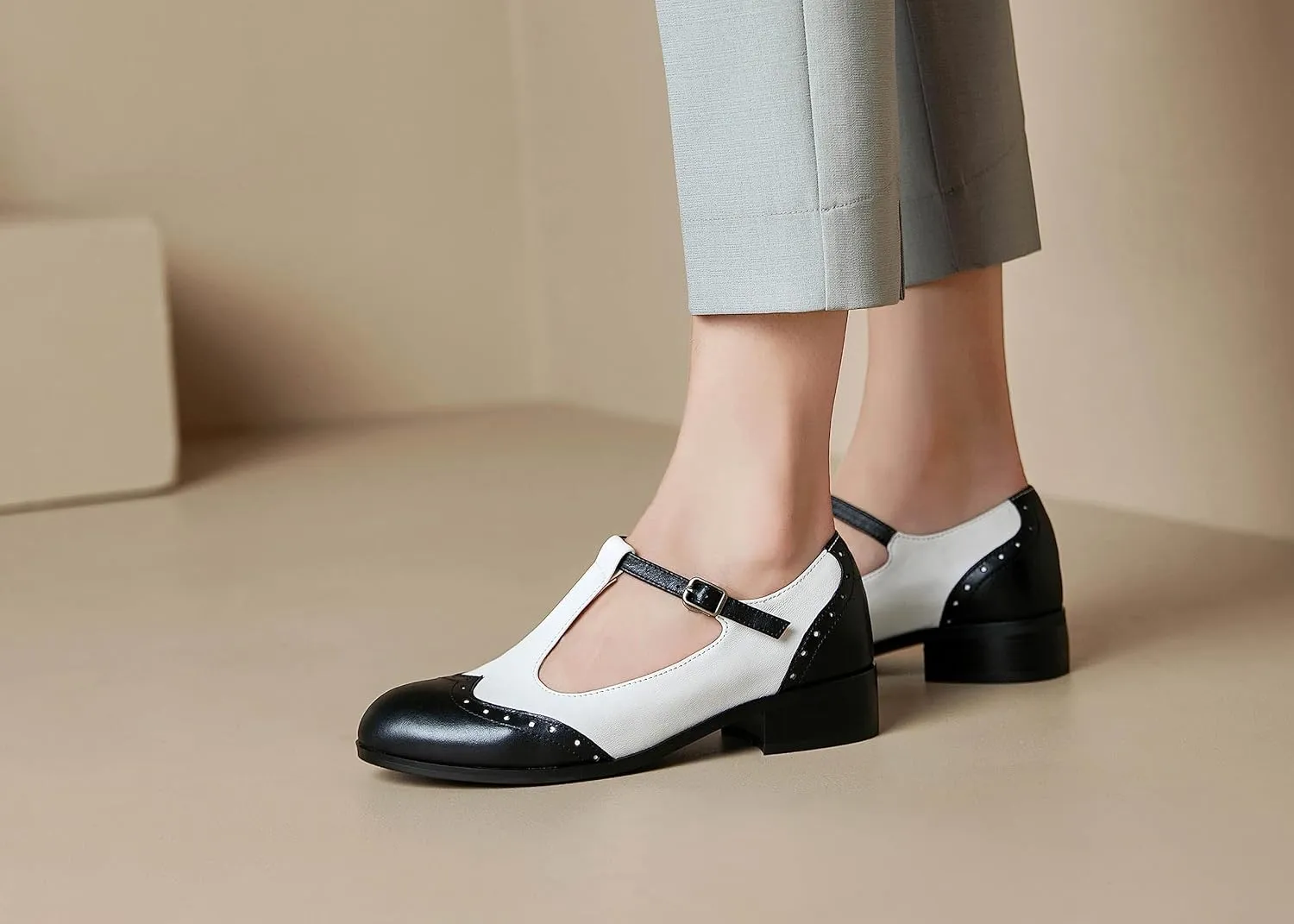 Women's Genuine Leather Mary Jane Saddle Oxford Loafers Brogue Shoes
