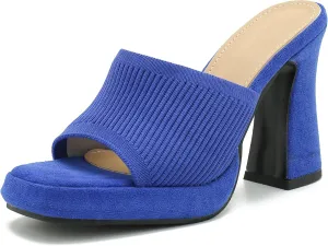 Women's Knit Platform Heels Square Toe High Chunky Heeled Mule Dress Party Sandals