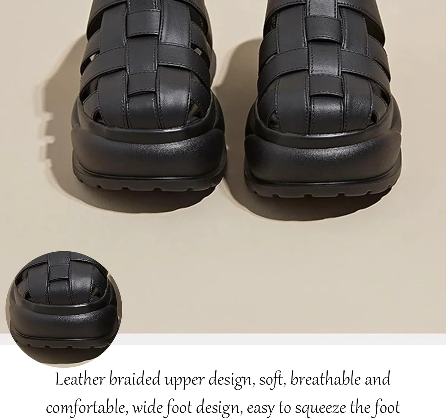 Women's Leather Braided Platform Heightened Mule Sandals Comfortable Closed Wide Toe Cloud Chunky Platform Non-Slip Half Slingback Dress Slippers Casual Summer Mule Clogs
