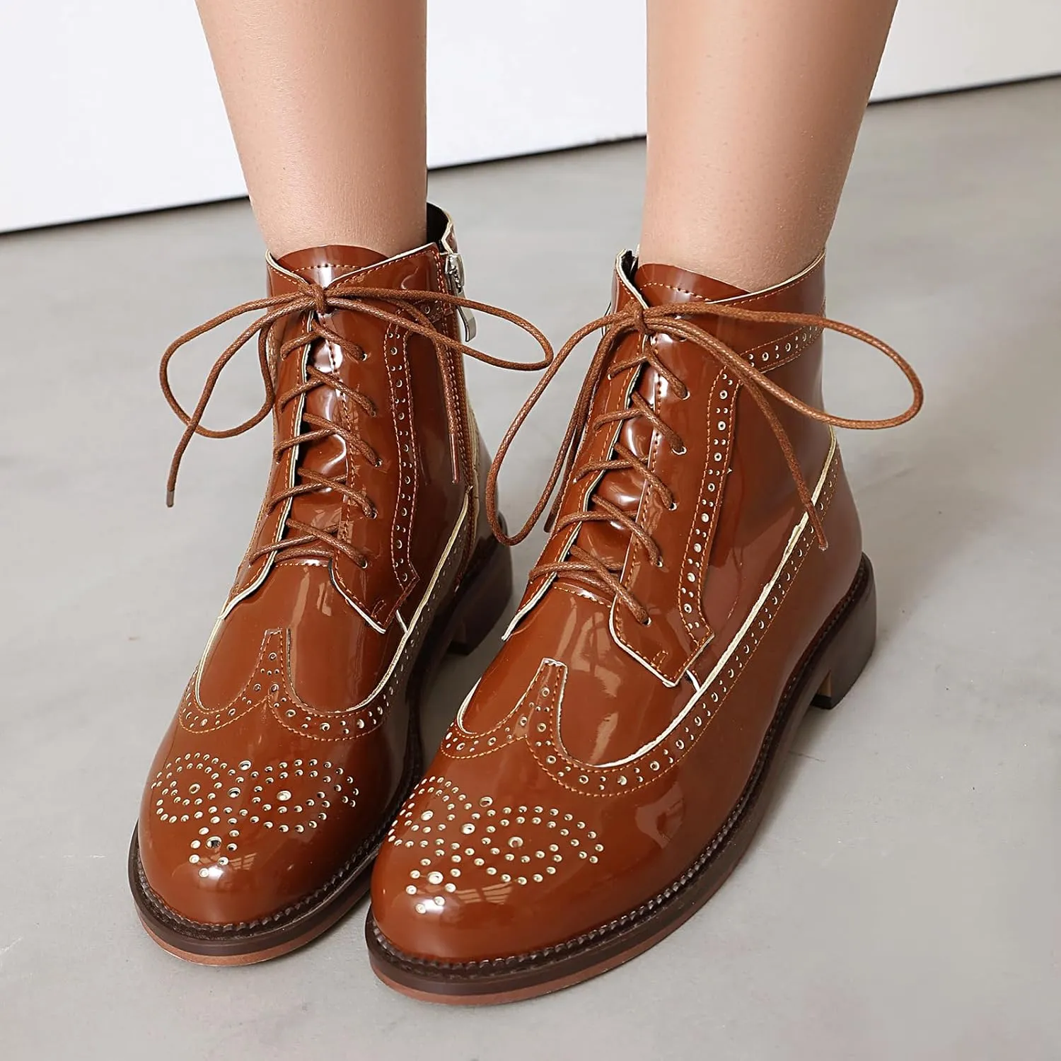 Women's Patent Leather Wingtip Brogue Combat Boots - Chunky Low Heel Lace-Up Oxford Boots Round Toe Hollow Out Design Comfortable Fashion Footwear