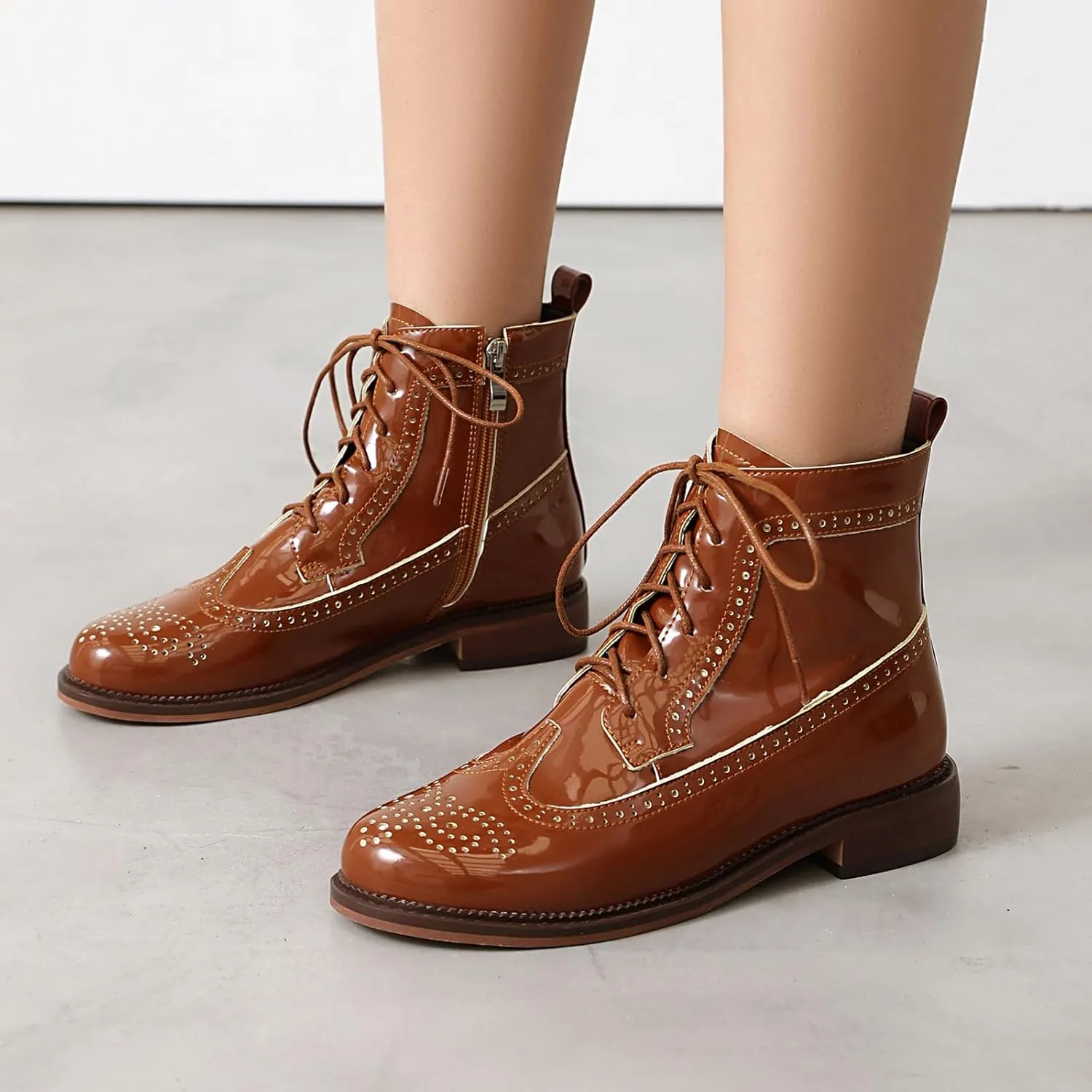 Women's Patent Leather Wingtip Brogue Combat Boots - Chunky Low Heel Lace-Up Oxford Boots Round Toe Hollow Out Design Comfortable Fashion Footwear
