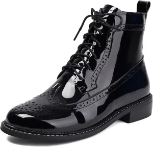 Women's Patent Leather Wingtip Brogue Combat Boots - Chunky Low Heel Lace-Up Oxford Boots Round Toe Hollow Out Design Comfortable Fashion Footwear