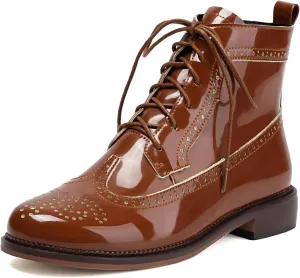 Women's Patent Leather Wingtip Brogue Combat Boots - Chunky Low Heel Lace-Up Oxford Boots Round Toe Hollow Out Design Comfortable Fashion Footwear