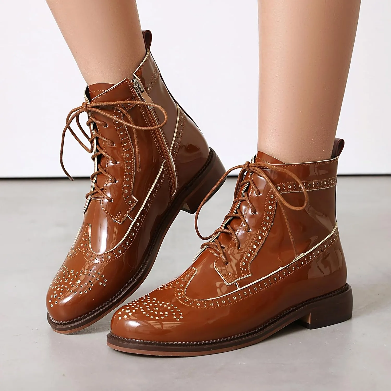 Women's Patent Leather Wingtip Brogue Combat Boots - Chunky Low Heel Lace-Up Oxford Boots Round Toe Hollow Out Design Comfortable Fashion Footwear