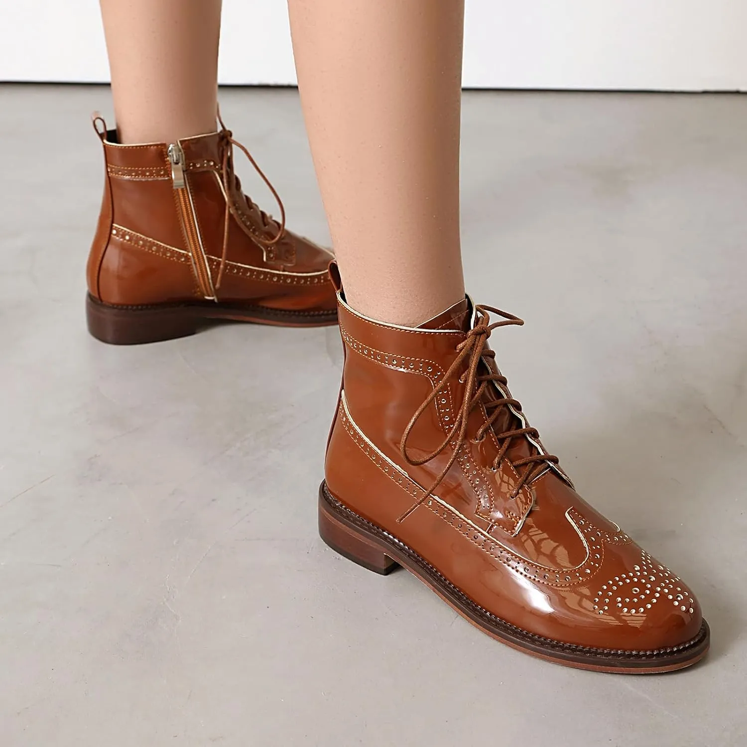 Women's Patent Leather Wingtip Brogue Combat Boots - Chunky Low Heel Lace-Up Oxford Boots Round Toe Hollow Out Design Comfortable Fashion Footwear