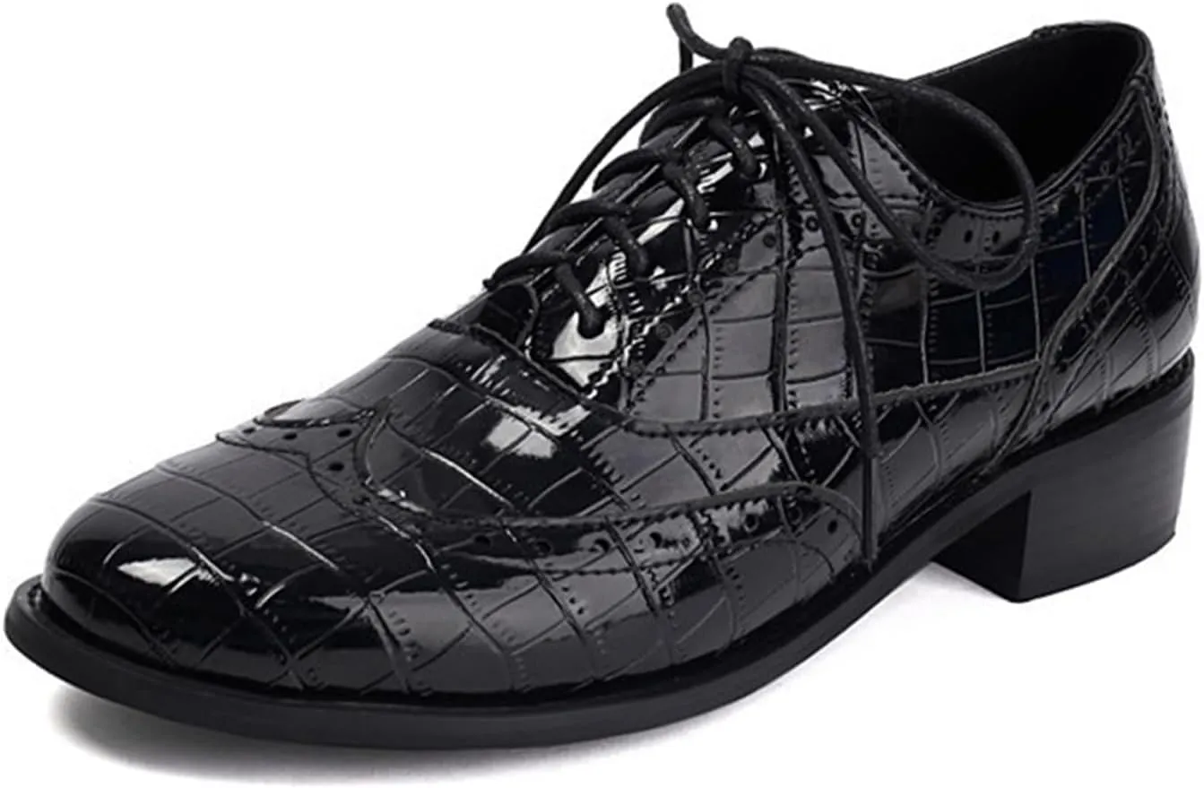 Women's Print Leather Low Heel Brogue Oxford Shoes Fashion Wingtip Comfort Non Slip Lace Up Block Heel Dress Shoes for Business Evening Dating